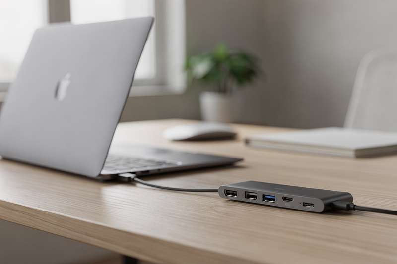 Compact USB-C hub with multiple ports displayed next to a MacBook Air M3 laptop.
