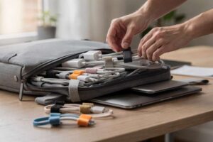Assorted reusable Velcro cable ties bundled together in different colors and sizes for organizing laptop bag cords.