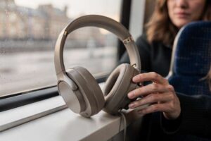 Budget noise-cancelling headphones arranged on a desk showing multiple models under sixty pounds.