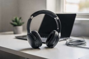 Budget-friendly noise-cancelling headphones displayed with commuting accessories for travel use.