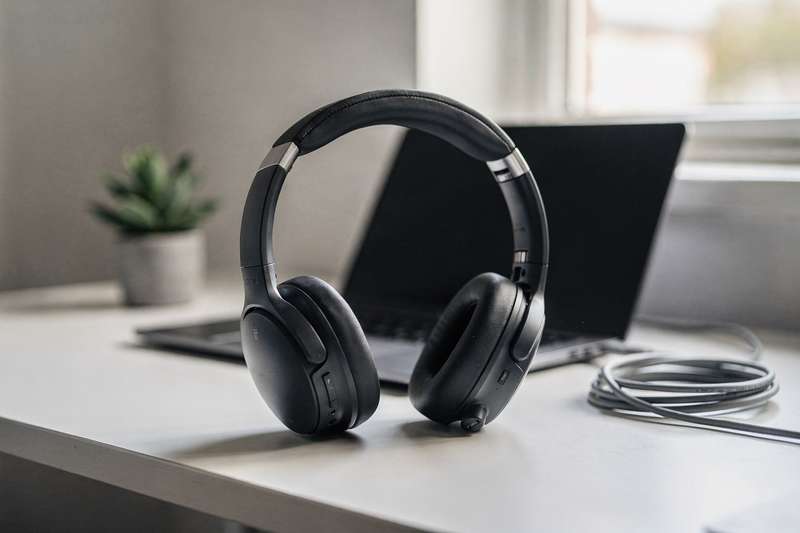 Budget-friendly noise-cancelling headphones displayed with commuting accessories for travel use.