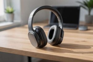 Affordable over-ear noise-canceling headphones displayed with office workspace setup.