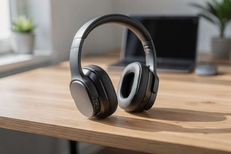 Affordable over-ear noise-canceling headphones displayed with office workspace setup.