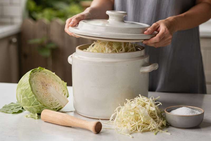Affordable fermentation crock filled with shredded cabbage and brine for homemade sauerkraut preparation.