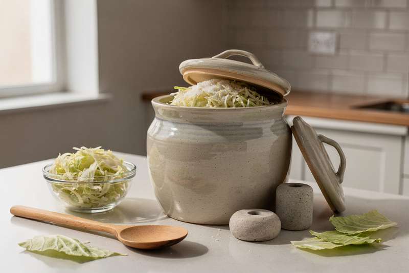 Glass fermentation crock filled with shredded cabbage and brine for making homemade sauerkraut.