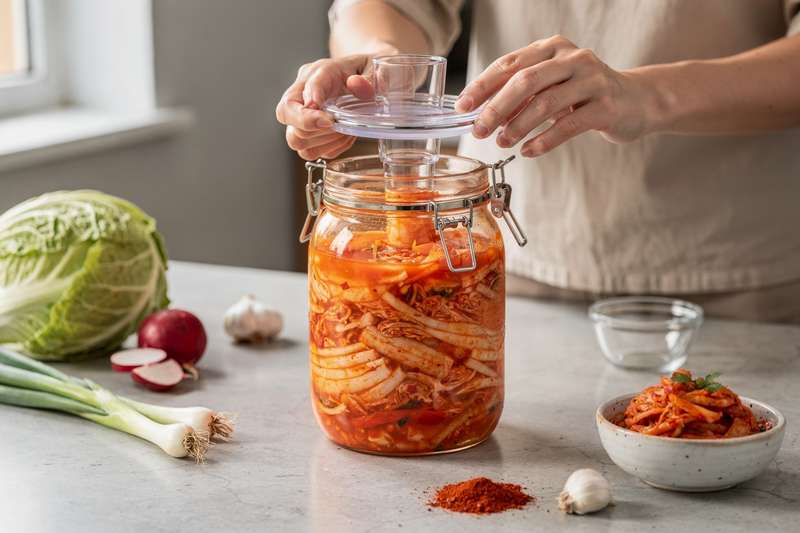 Glass fermentation jar with airlock valve designed for small-batch kimchi making and home preservation projects.