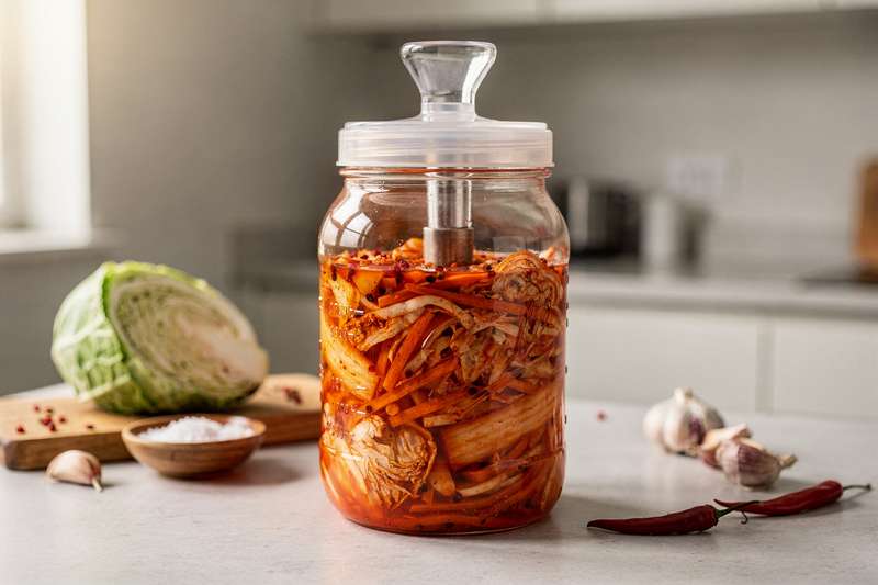 Glass fermentation jar with integrated airlock valve and measurement markings for small-batch kimchi preparation.
