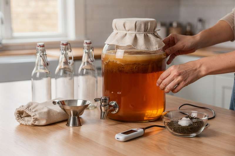 Tabletop kombucha fermentation vessel with spigot tap and glass jar setup for home brewing.