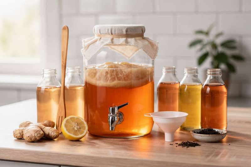 Stainless steel continuous fermentation vessel with tap dispenser and glass carboy for brewing kombucha at home.