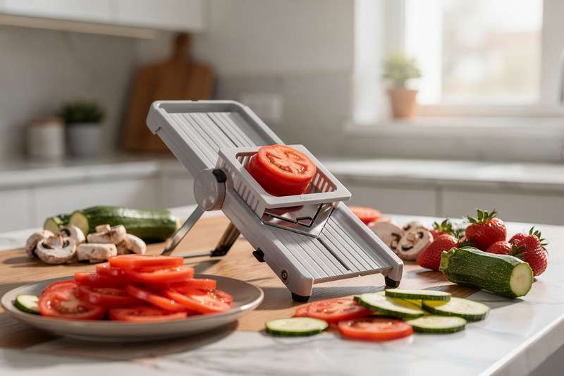 Mandoline slicer with integrated safety guard positioned next to sliced tomatoes and cucumbers on a cutting board.