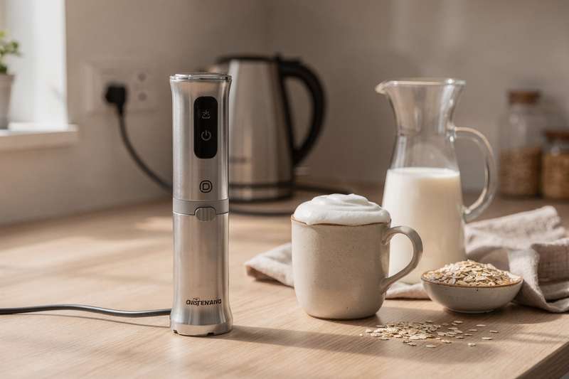 Electric milk frother creating rich, creamy foam from oat milk in a glass cup.
