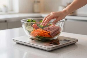 Digital kitchen scale with removable bowl displaying weight measurement in grams and ounces.
