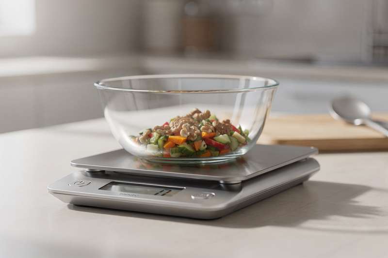 Digital kitchen scale with integrated bowl displaying weight measurement in grams and ounces.