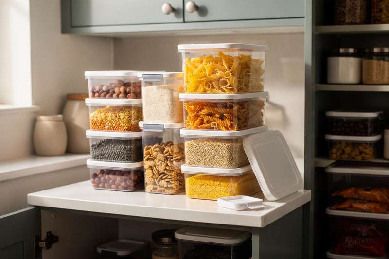 Clear plastic stackable food containers organized neatly on pantry shelves for efficient small space storage.