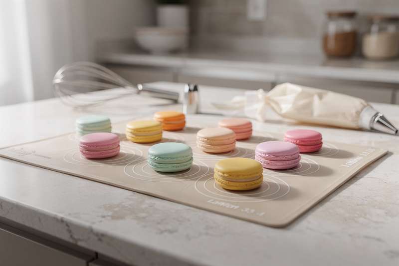 Silicone baking mat laid out on a countertop with macaron shells cooling on its non-stick surface.