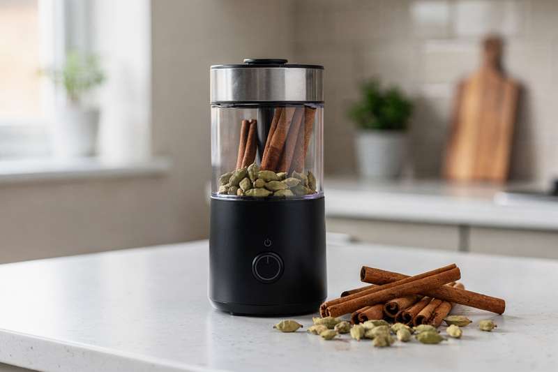 Stainless steel electric spice grinder with whole cinnamon sticks and cardamom pods displayed beside it.