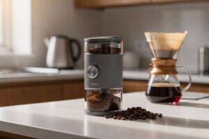 Compact coffee grinder with beans and ground coffee displayed on wooden kitchen surface.