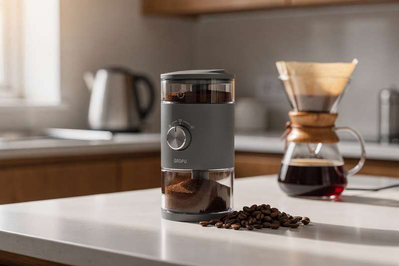 Compact coffee grinder with beans and ground coffee displayed on wooden kitchen surface.