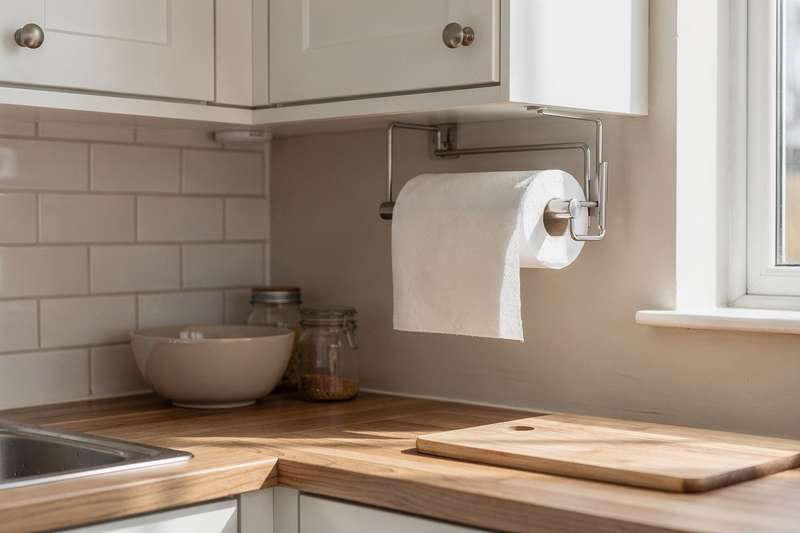 Adhesive-mounted paper towel holder installed beneath kitchen cabinet in rental property without drilling or permanent damage.