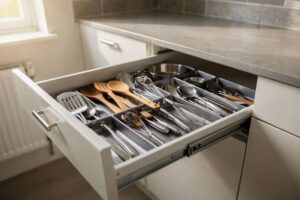Stainless steel pull-out drawer organiser with multiple compartments storing kitchen utensils inside a deep kitchen drawer.