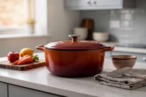 Compact enamelled cast iron Dutch oven with lid displayed on a kitchen counter, ideal for small-batch cooking and meal...