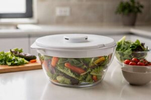 Family-sized salad spinner with drainage basket holding fresh leafy greens.