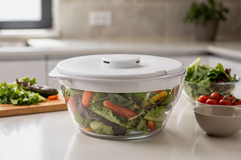 Family-sized salad spinner with drainage basket holding fresh leafy greens.