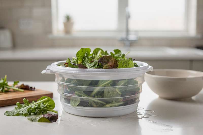 Collapsible salad spinner with integrated strainer base displayed in expanded and folded positions.