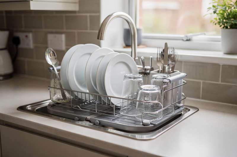 Compact stainless steel dish drying rack positioned over a kitchen sink in a small kitchen space.