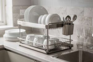 Stainless steel two-tier dish drainer with integrated cutlery basket and draining tray for kitchen countertops.