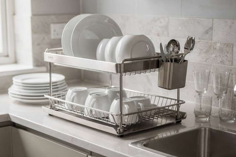 Stainless steel two-tier dish drainer with integrated cutlery basket and draining tray for kitchen countertops.