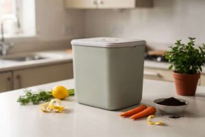 Compact countertop compost bin sitting on a kitchen worktop in a small flat apartment.