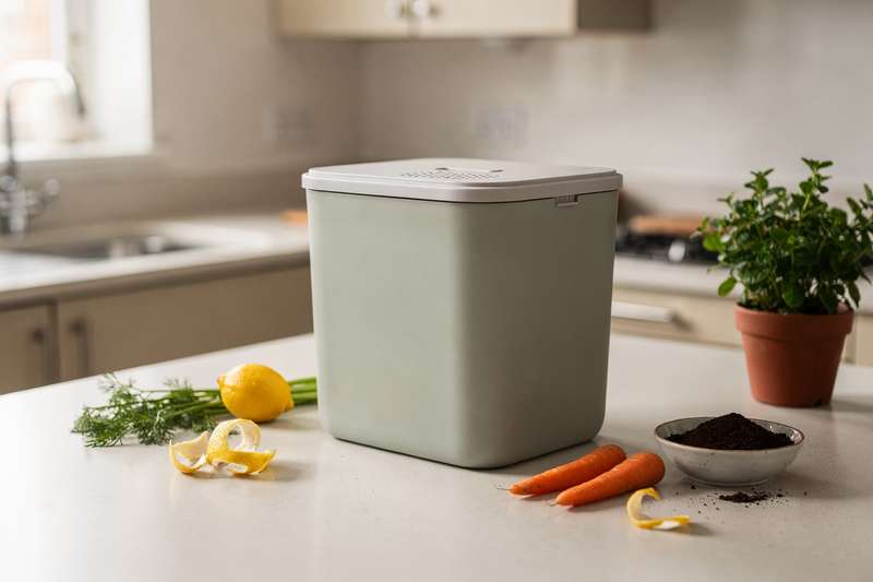 Compact countertop compost bin sitting on a kitchen worktop in a small flat apartment.