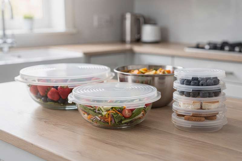 Assortment of colorful silicone stretch lids fitted over various ceramic and glass bowls in different sizes.