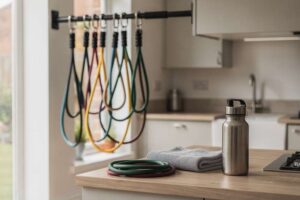 Heavy resistance band stretched across pull-up bar with user performing assisted pull-up exercise indoors.