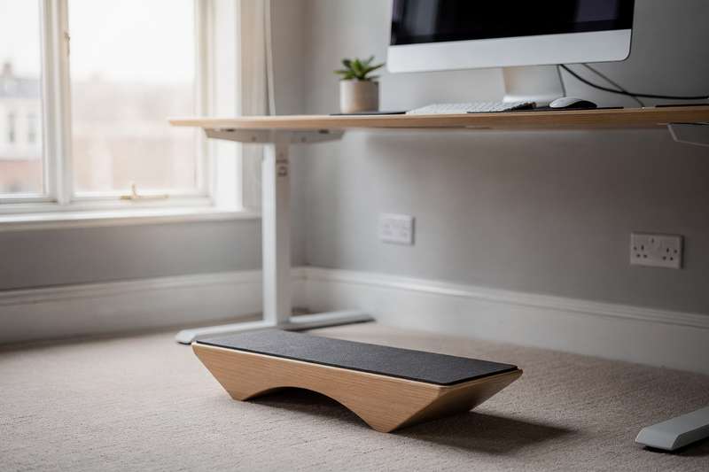 Woman using a wooden balance board while standing at an office desk with laptop and ergonomic setup.