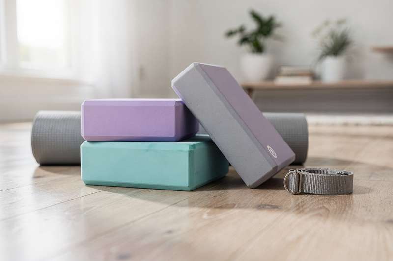 Foam yoga blocks in various colors arranged to show different heights and firmness options suitable for beginner practitioners.