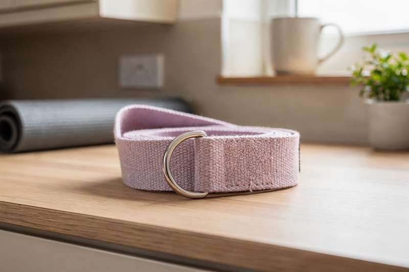 Yoga strap with D-ring attachment demonstrating proper hamstring stretch technique and form.