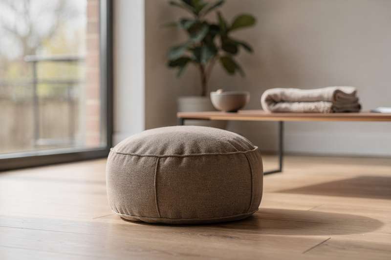 Buckwheat meditation cushion elevated at an angle to support proper spinal alignment for taller practitioners during...