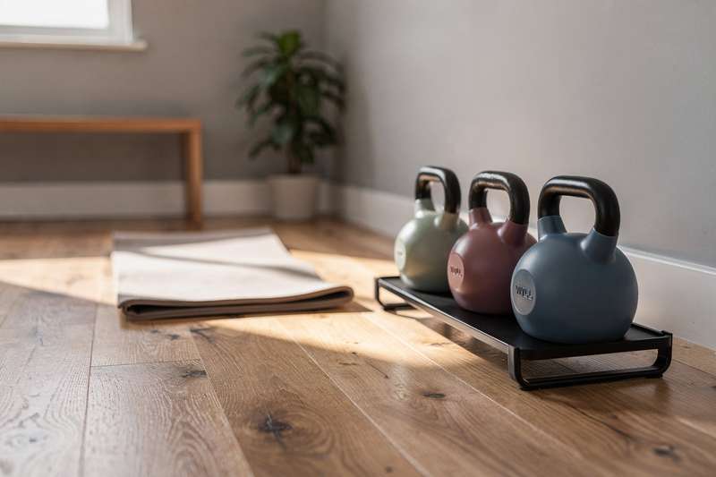 Colourful vinyl kettlebells arranged on a wooden floor ready for home gym workouts.