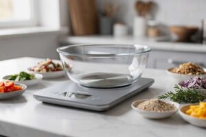 Digital kitchen scale with removable stainless steel bowl displaying weight measurement in grams and ounces for meal preparation.