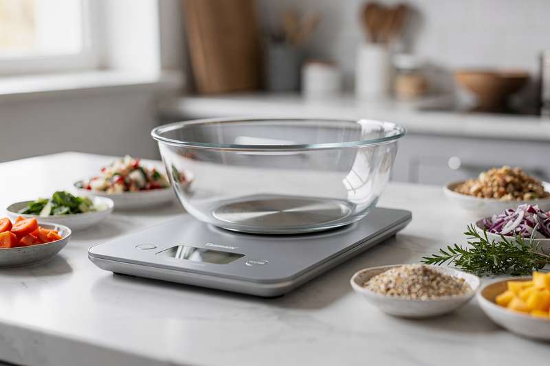 Digital kitchen scale with removable stainless steel bowl displaying weight measurement in grams and ounces for meal preparation.