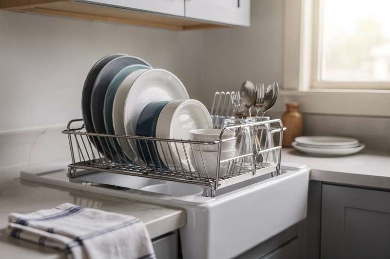 Compact over-sink dish drying rack installed above a small kitchen sink with dishes and glasses air-drying.
