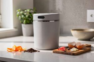 Compact countertop compost bin with sealed lid stored on kitchen counter next to sink.