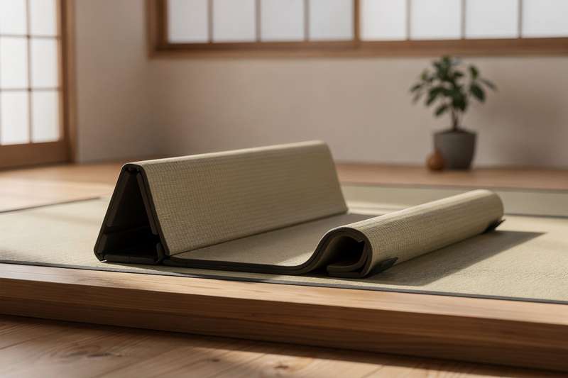 Foldable tatami-style workout mat rolled up in a compact home gym space.