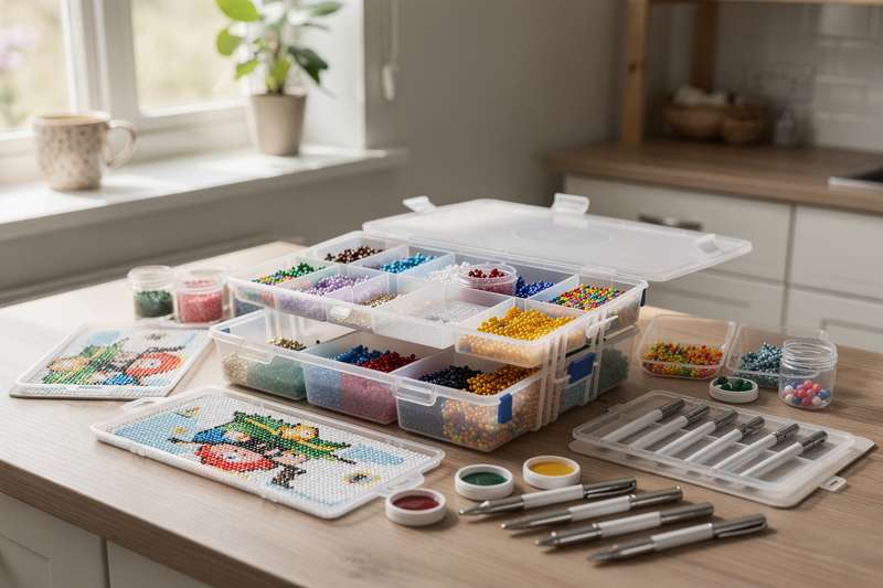 Organized diamond painting storage trays and tool containers arranged on a crafting table for easy access.