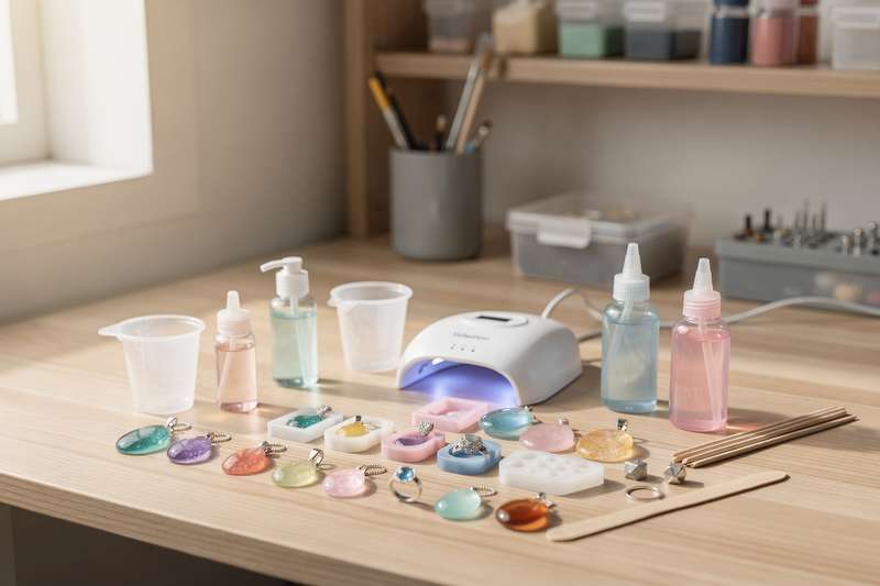 UV resin supplies arranged with small jewelry molds, curing lamp, and finished resin pieces on a workspace.