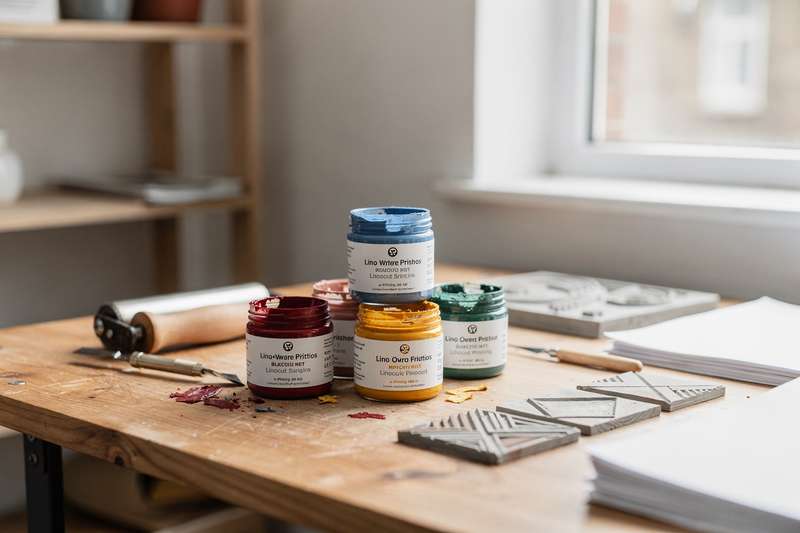 Small-batch printmaker applying water-based ink to a carved lino block using a roller tool.