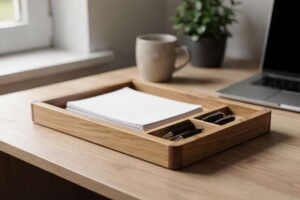 Wooden desk tray organizer holding papers, notebooks and writing pens in a clean minimalist style.