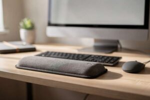 Ergonomic memory foam wrist rest positioned in front of a keyboard for comfortable typing support.